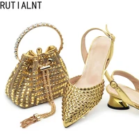 New Fashion Gold Color Shoes and Bags To Match Set Nigeria Party Women's Wedding Bag and Shoe Set Decorated with Rhinestone - Image 2