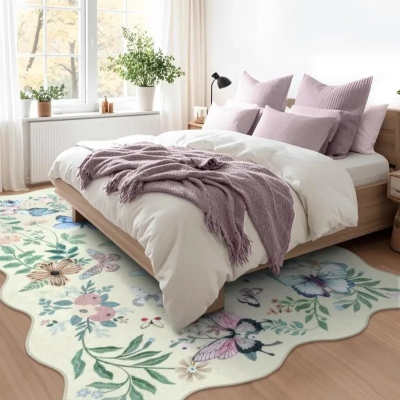 Irregular Coffee Table Carpet Floral Butterfly Print Fresh Bedroom Rug Line Art Machine Washable Soft Living Room Mats 러그 Tapis