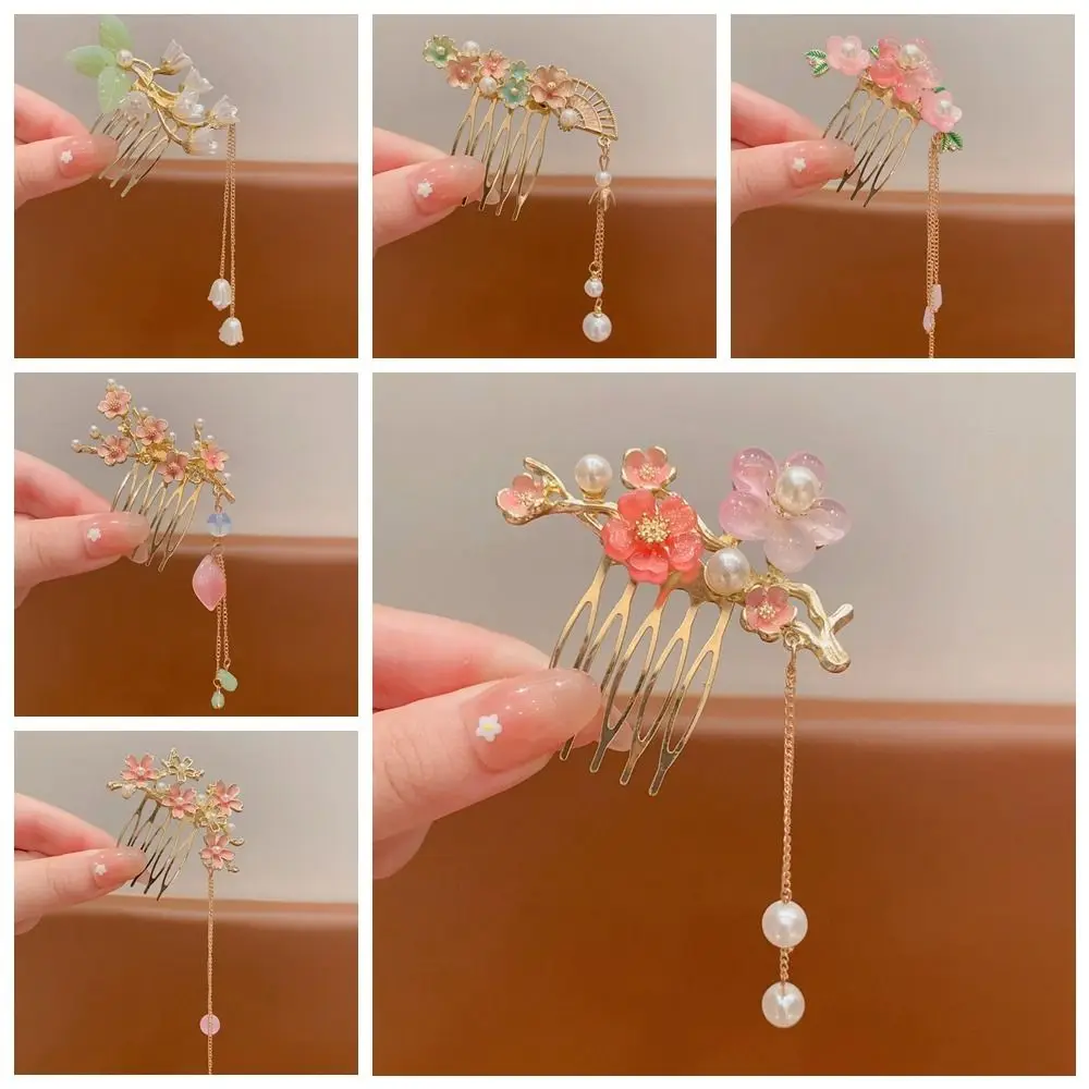Tassel Flower Hair Comb Fan Pearl Children's Hairpin Hair Sticks for Buns Hair Chopstick Chinese Style Hair Stick