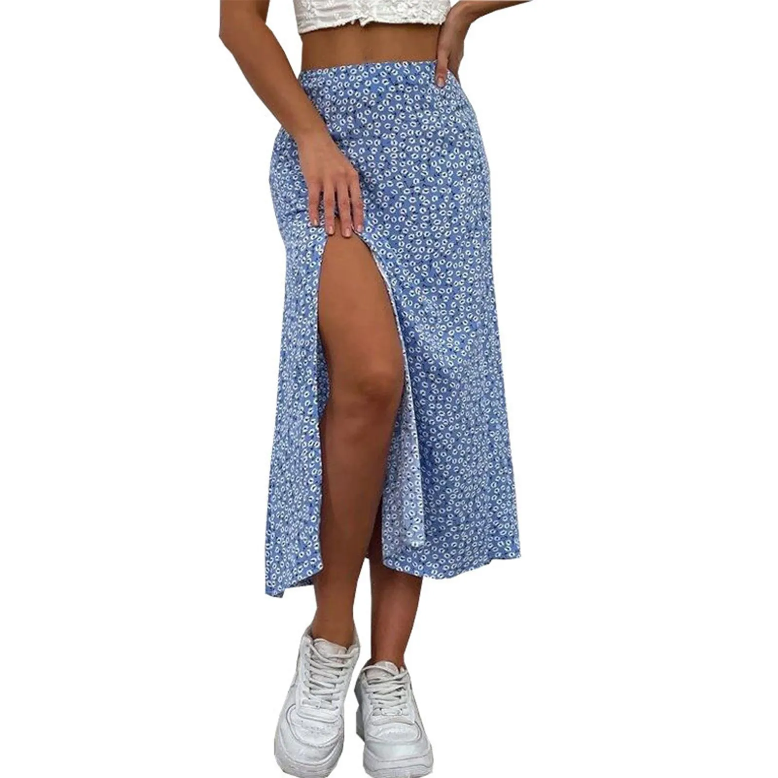 

Boho Skirt Vintage Chic Women Hippie Summer Tassel Elastic Waist Blue Floral Printed Rayon Beach Bohemian Pleated Maxi Skirts