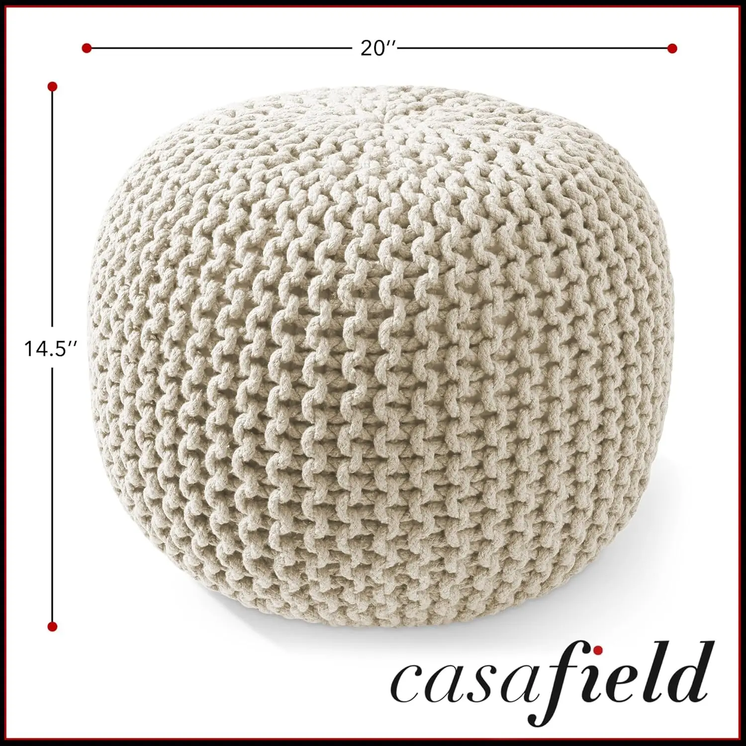 Round Pouf Ottoman, Natural - 20" Diameter x 14.5" High Cotton Knit Foot Stool - Boho Floor Pouffe