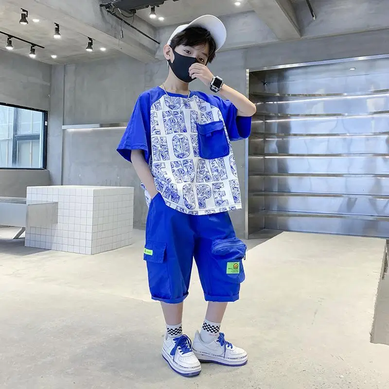 

2023 Teens Fashion Boys Summer Suit Kids Short Sleeve T-shirt +shorts 2pc Sports Casual Outfits for Teenage Boy Clothing Sets