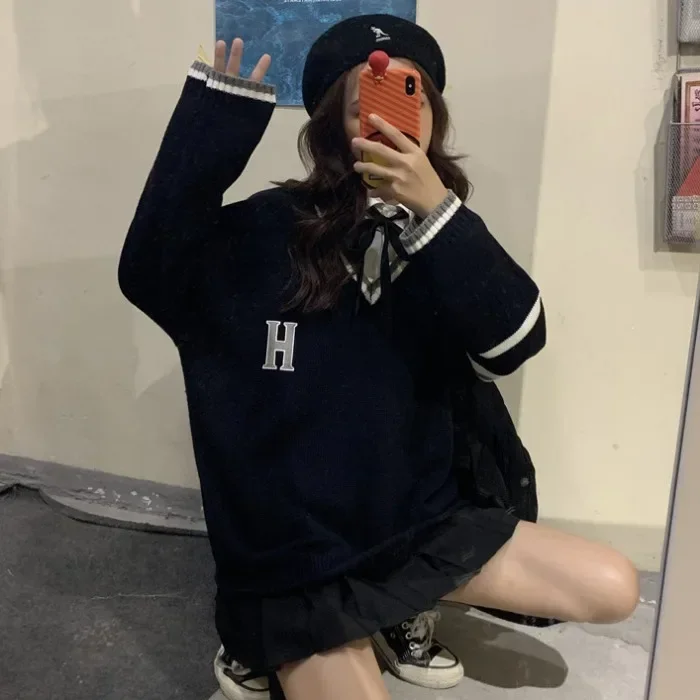 Japanese School Uniform Preppy Style Sweater Women Autumn New Korean Fashion Loose Simple V-neck Casual School Sweater