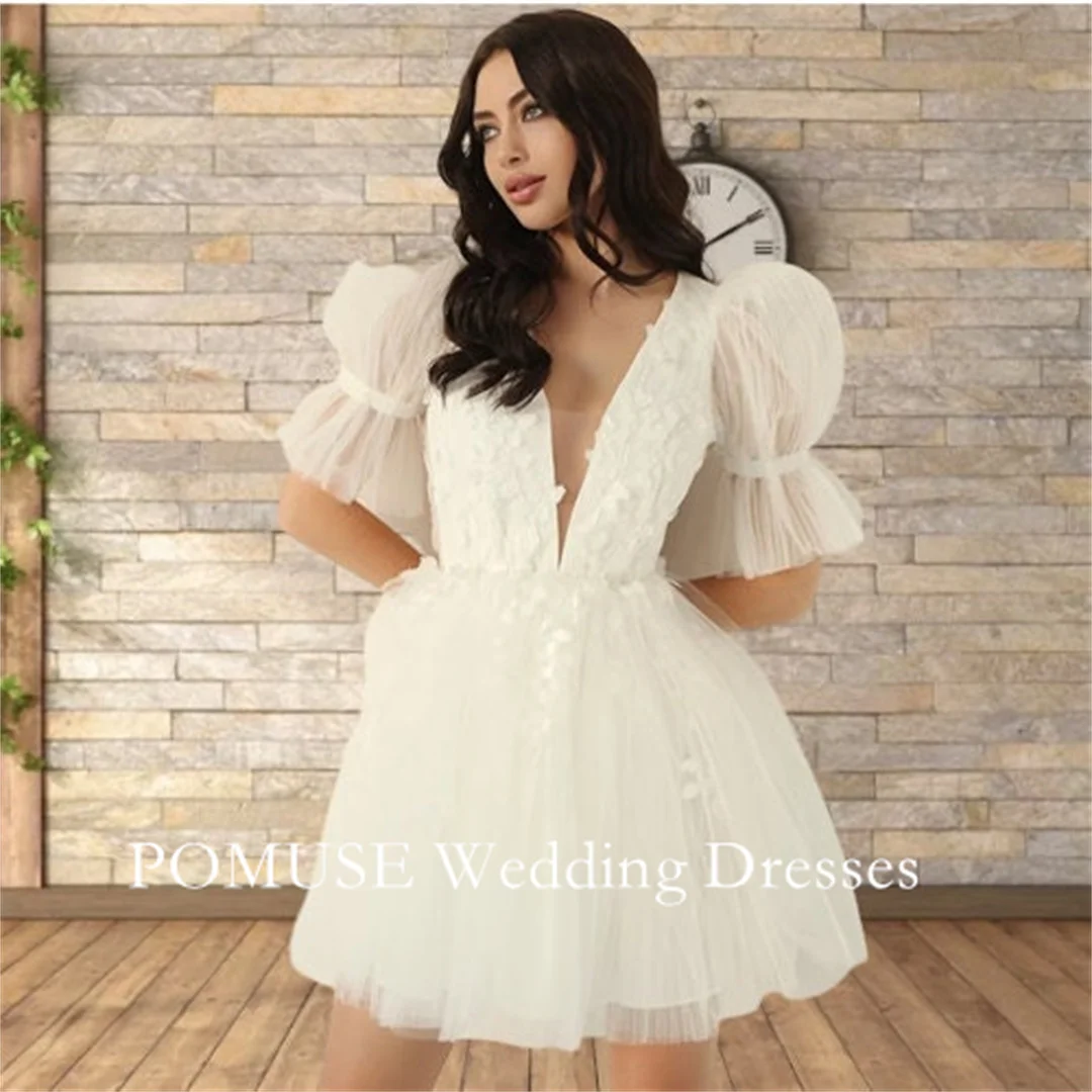 

POMUSE Mini Boho Deep V-Neckline Short Backless Wedding Dress Women 2024 Boho Puff Sleeves Lovely Bridal Gowns Vestido De Novia