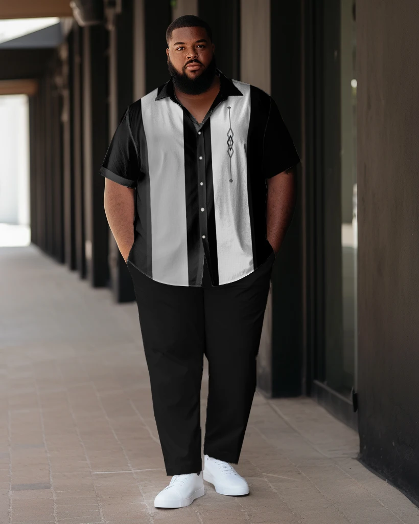 Biggmans Plus Size Shirt Set For Men's  Clothing Summer Black and White Stripe Poker PrintingShort-sleeved Leisure Custom Made