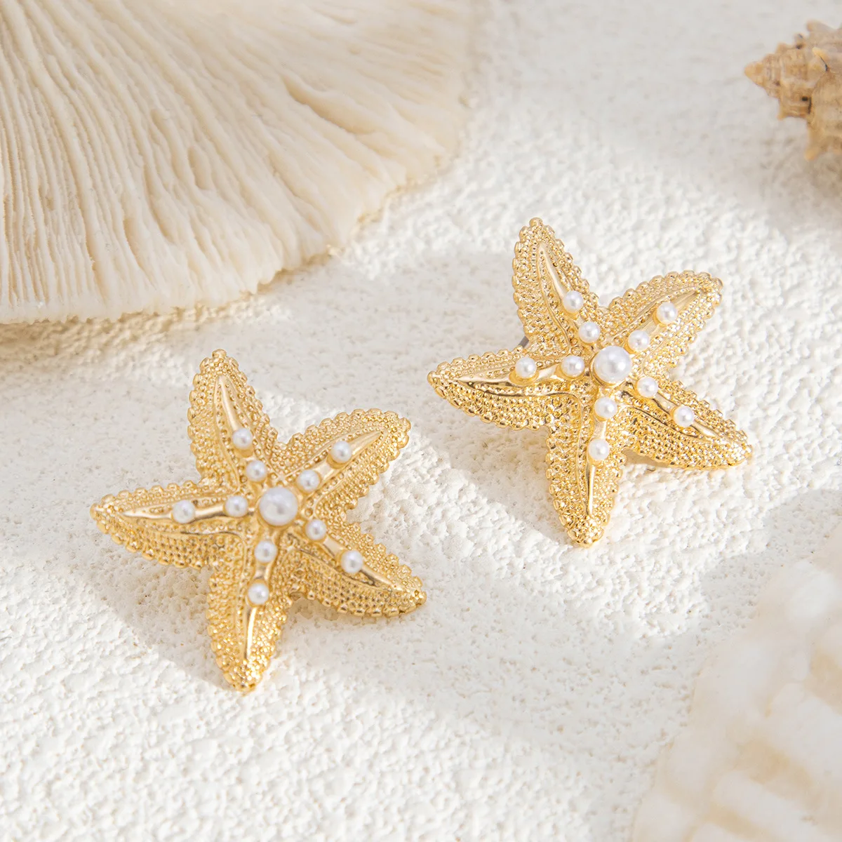 Trendy Simulated Starfish Stud Earrings for Women Star Pearl Earring Summer Beach Daily Jewelry