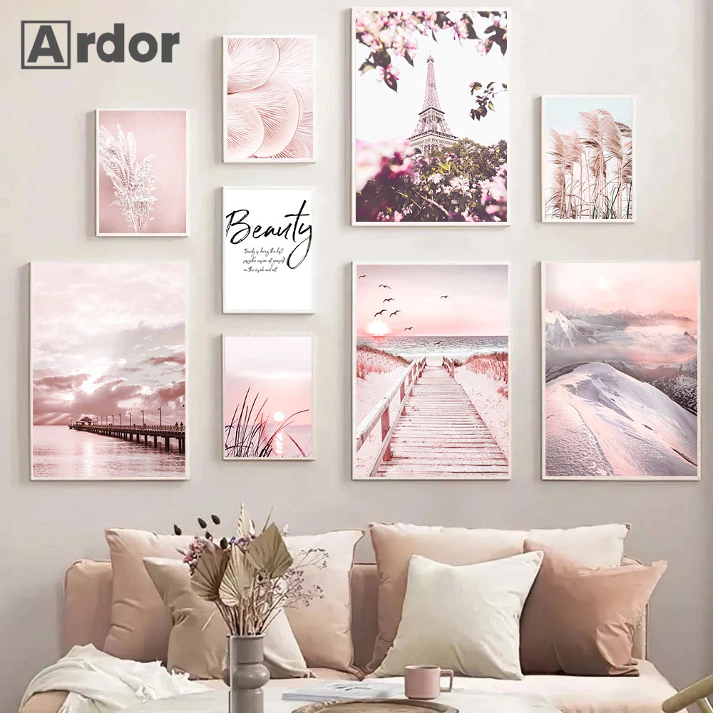 

Sunset Lake Canvas Print Picture Reed Poster Pink Landscape Art Painting Bridge Posters Nordic Wall Pictures Living Room Decor