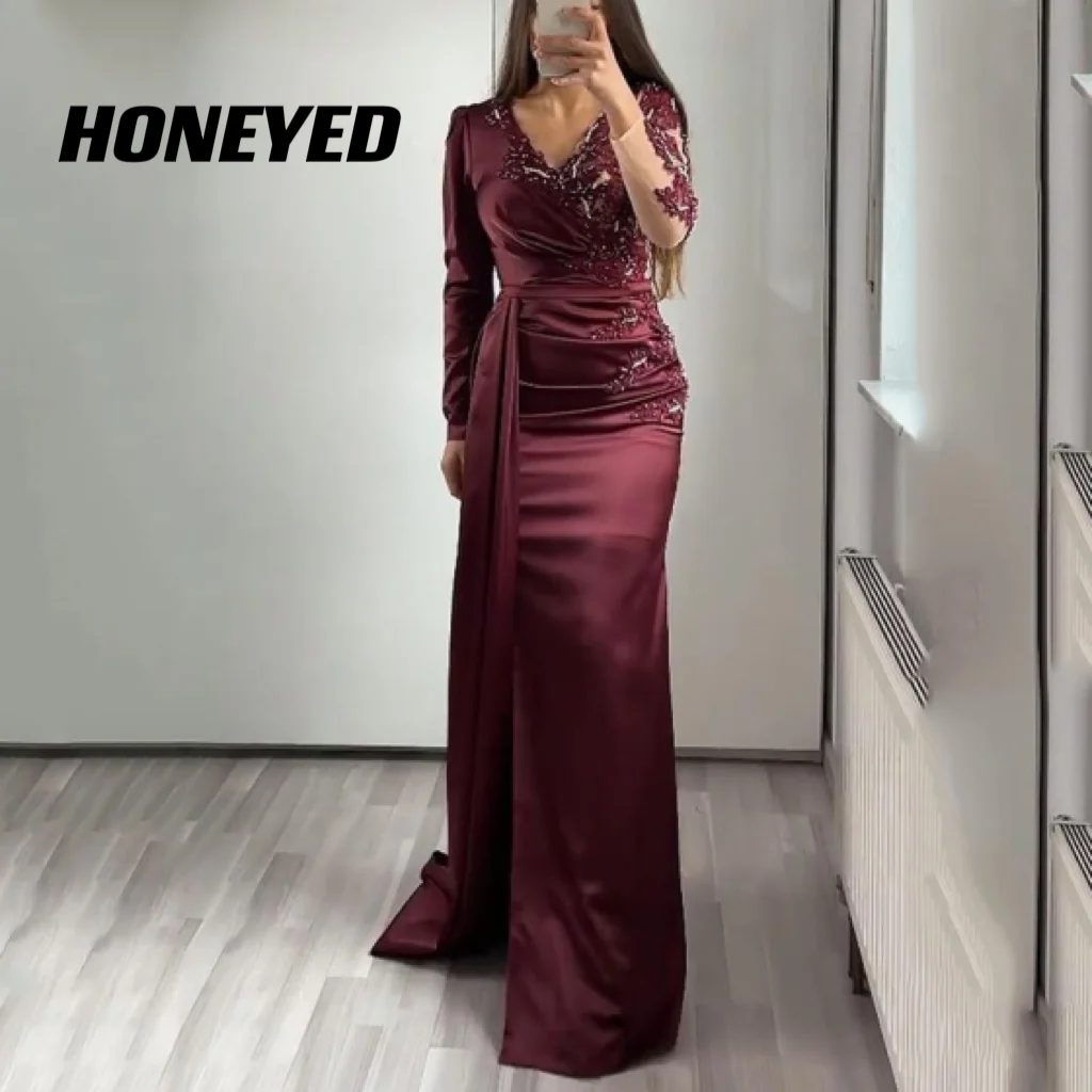 

Honeyed Elegant Mermaid Prom Dresses Applique Beading V Neck Lace Sleeves Pleated Evening Dress Arabic Saudi Arabia Party Gowns