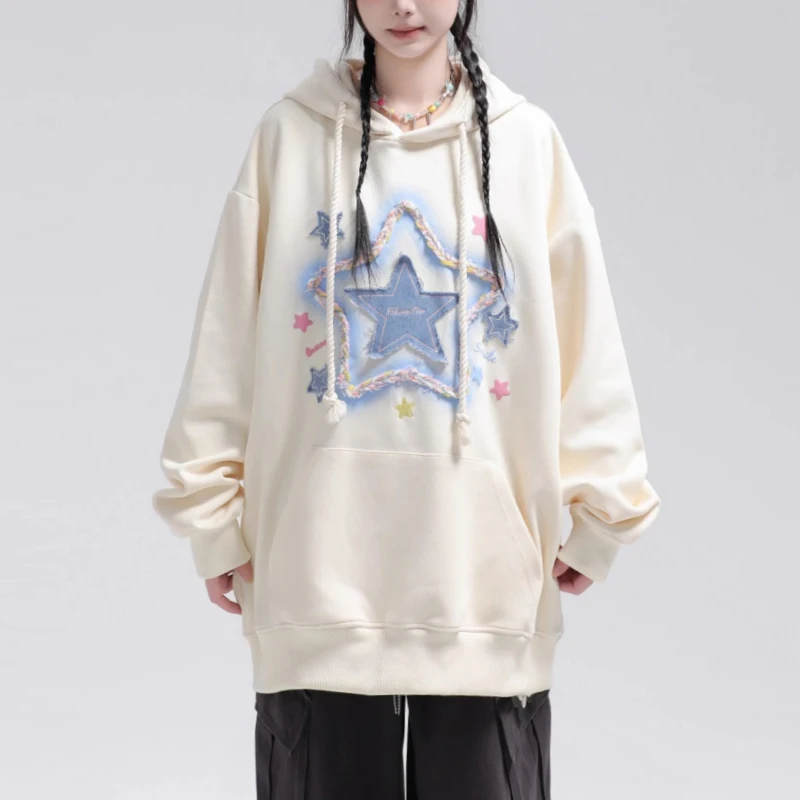 Sudadera con capucha para mujer, otoño e invierno, estilo retro americano con bordado de estrellas, sudadera con capucha para mujer, moda urbana Y2K, abrigo informal holgado_voghion.com