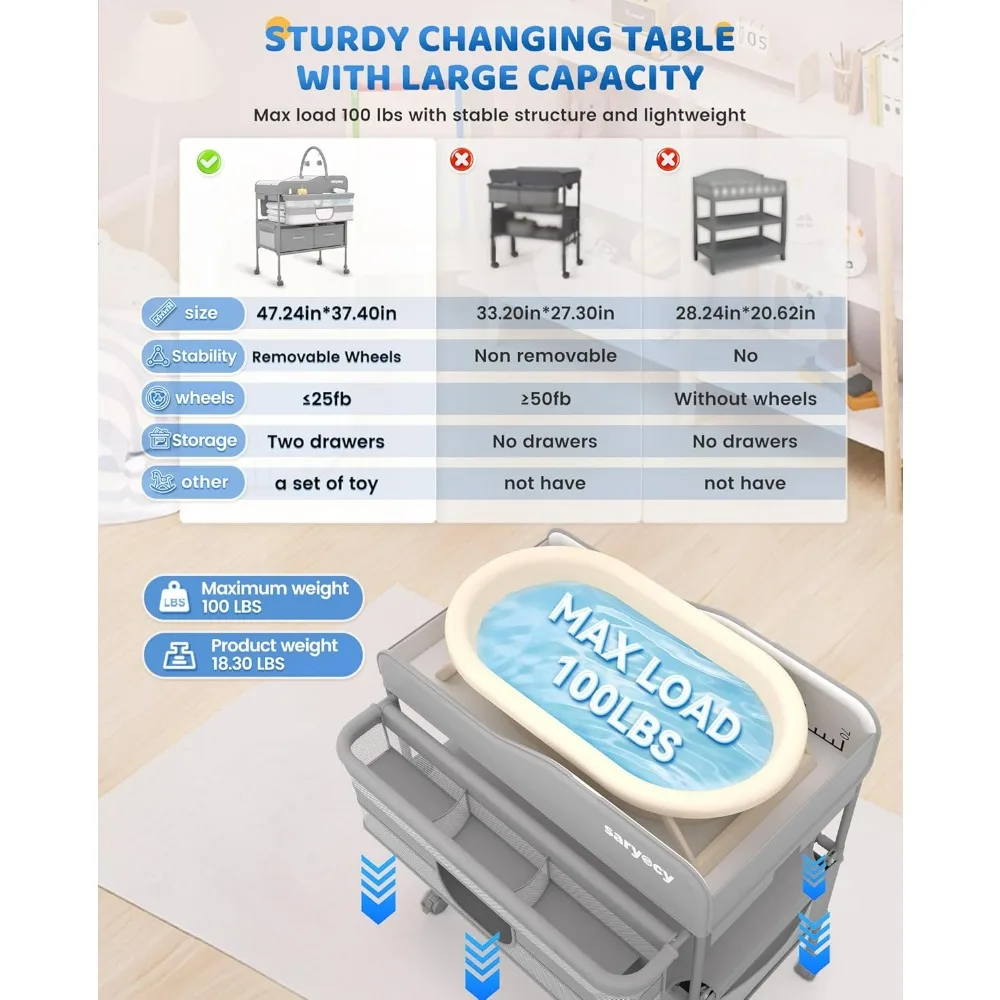 Portable Folding Diaper Changing Table with Waterproof Surface and Adjustable Height, Featuring 2 Storage Drawers for Baby Care