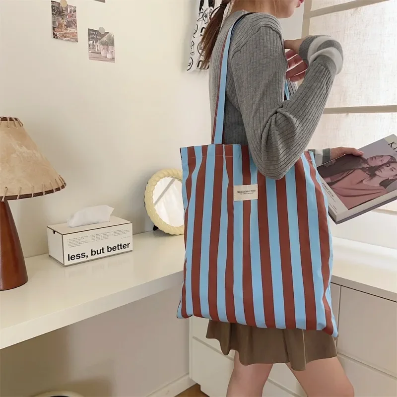 Youda New Cotton Fabric Shoulder Bag for Women Fashion Striped Pattern Handbag Large Casual Capacity Shopper Tote Bags