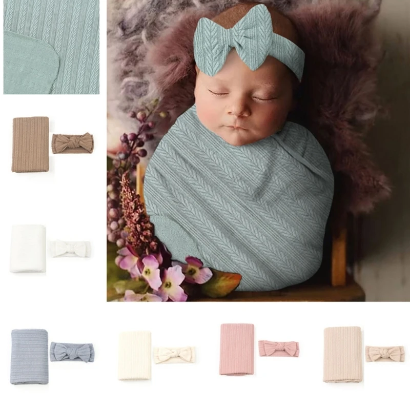 

Newborn Swaddles Blanket with Hairband/Knotted Turban Hat Photography Props for Baby Boys Girls Infant Wrapping Towel