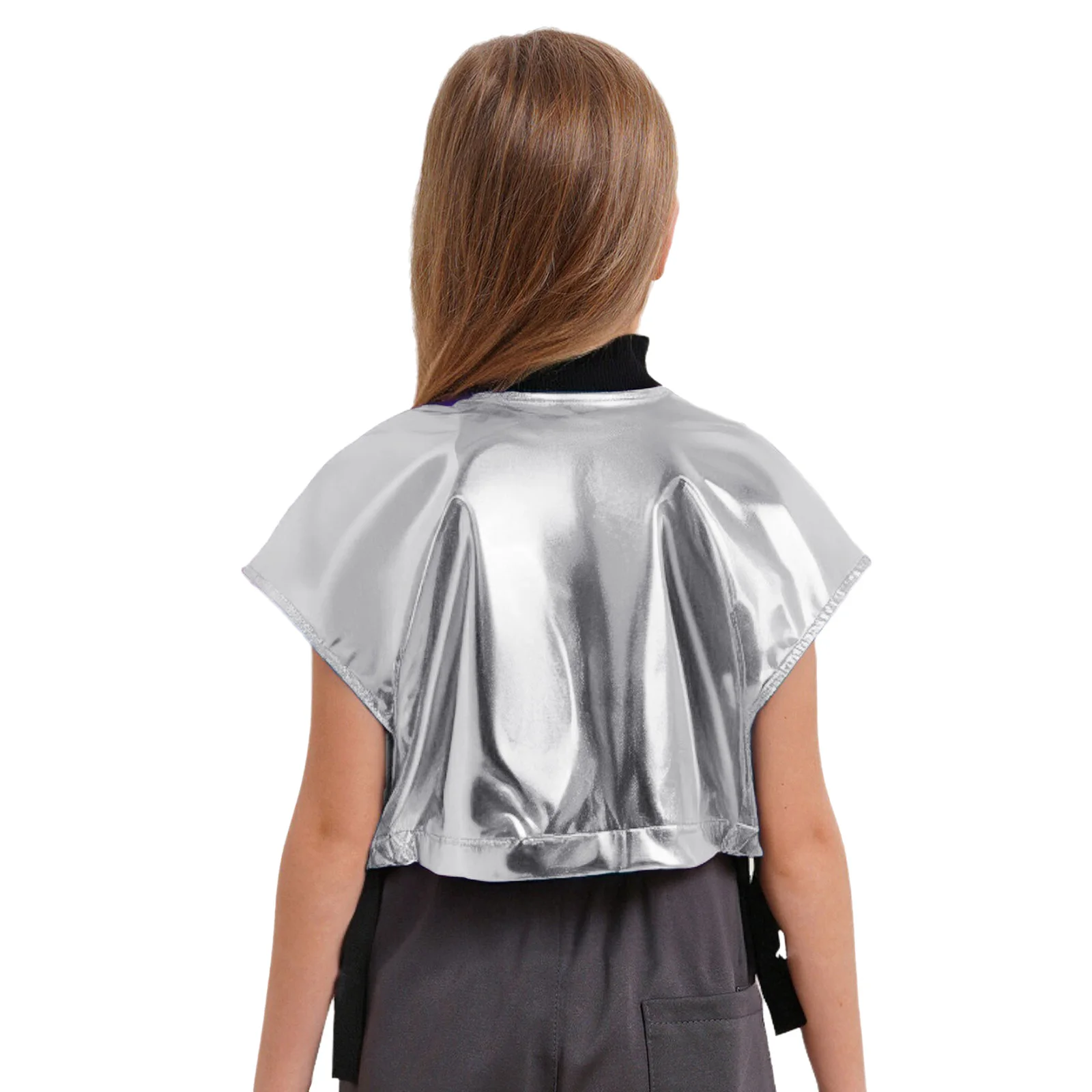 키즈 걸스 글로시 메탈릭 샤이니 베스트 탑스 PU 민소매 지퍼 사이드 오픈 재킷 코트 힙합 재즈 댄스 무대 공연용