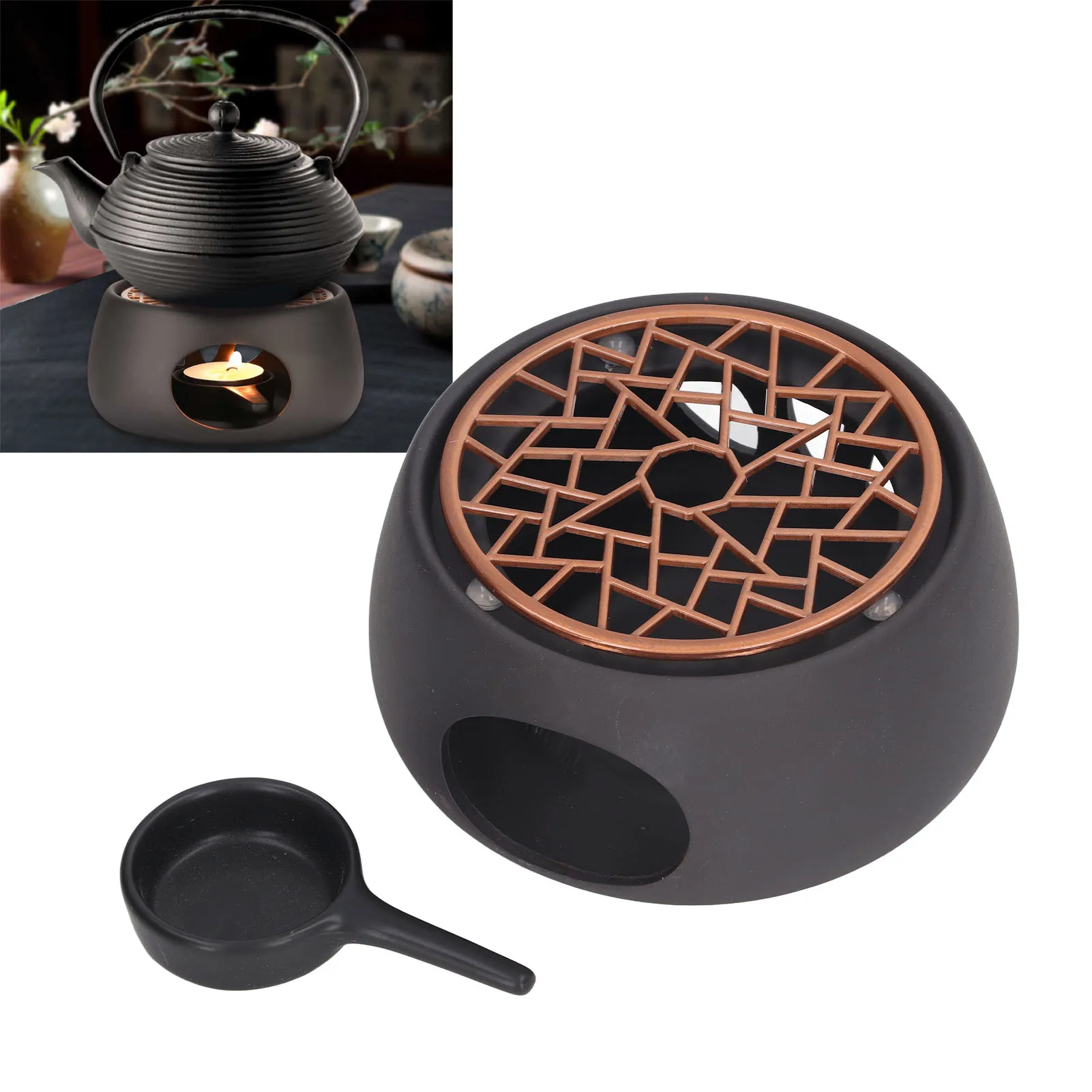 Tea Warmer Teapot Warmer Base Hollow Out Design Ceramic Candle Heater Tea Coffee Milk Light Warmer with Purple Iron Pad for Home Restaurant
