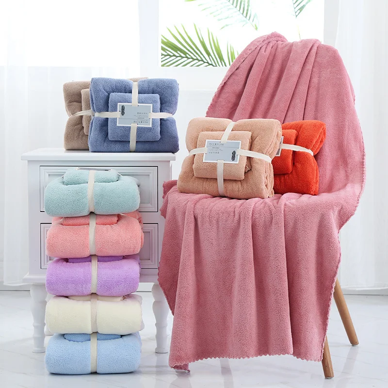 2pcs Set Luxury Super Large Towel High Absorbent Soft Coral Fleece Bath Towel and Face Towels Set for Adults 70x140cm 35x75cm