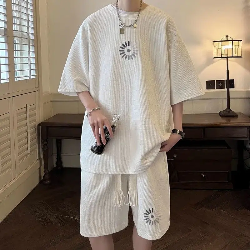 Men's Summer New Crew Neck Screw Thread Printed Short Sleeve Casual Elastic Pockets Drawstring Fashion Sweatshirts Shorts Set
