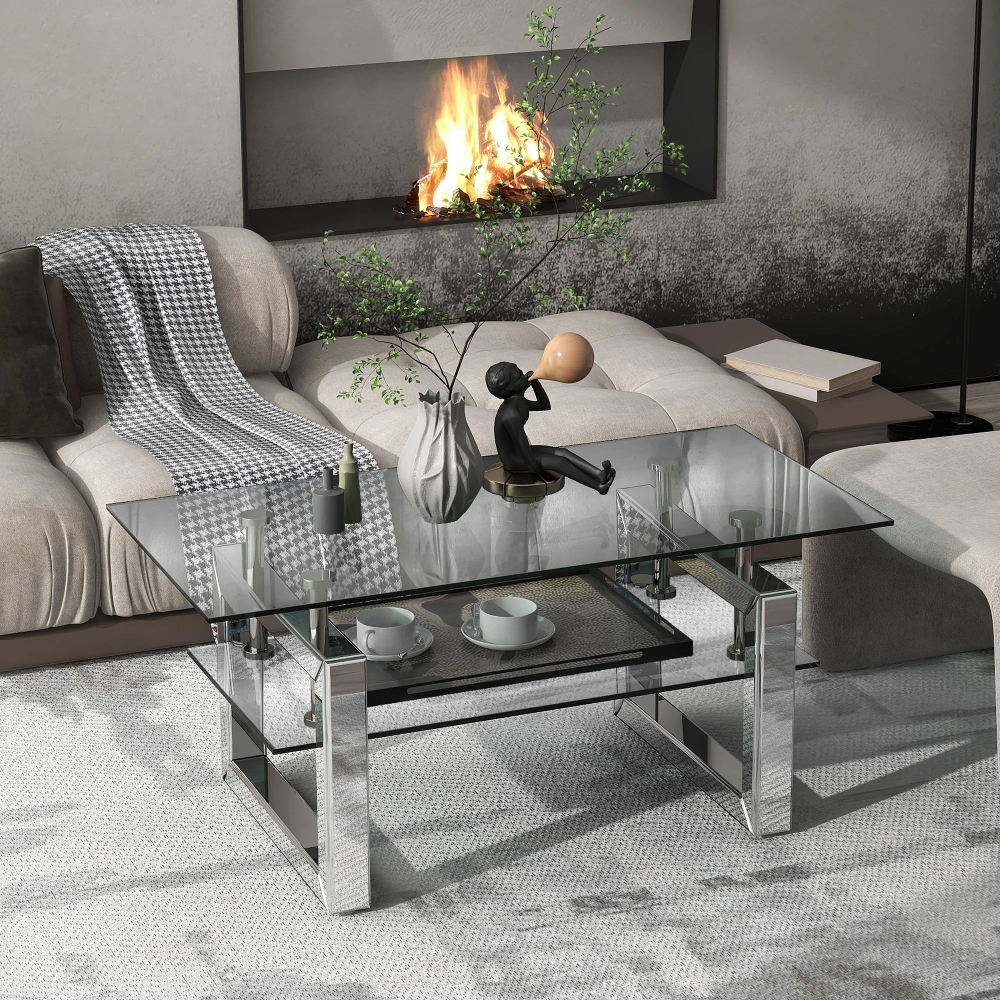 

[Flash Sale]W39.4"xD19.7"xH17.7" Transparent Tempered Glass Coffee Table Silver 2-Layer Mirrored Center Table[US-Stock]