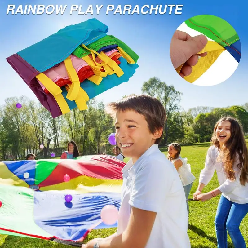 

Play Parachute With Handles Rainbow Color Group Team Cooperative Game Outdoor Rainbow Parachute For Cooperative Play Outdoor