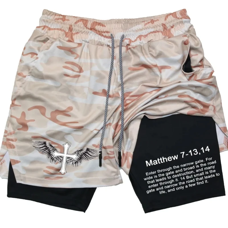 2024Men Performance Shorts Bible Printed GYM Casual Sports Compression Shorts Workout Running Mesh 2 In 1 Sport Short Pants 2