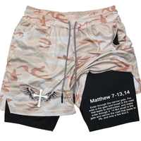 2024Men Performance Shorts Bible Printed GYM Casual Sports Compression Shorts Workout Running Mesh 2 In 1 Sport Short Pants 2