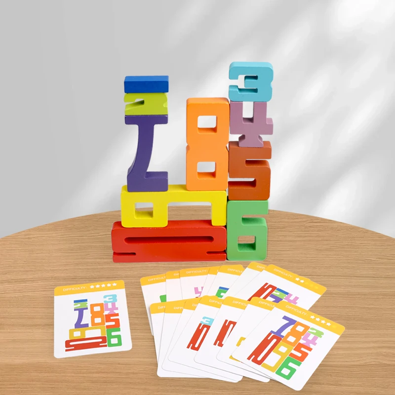 Colorful Building Blocks Wooden Toys Stacking Games Montessori Toys with Cards Digit Blocks Enlightenment Teaching Aids for Kids - 3