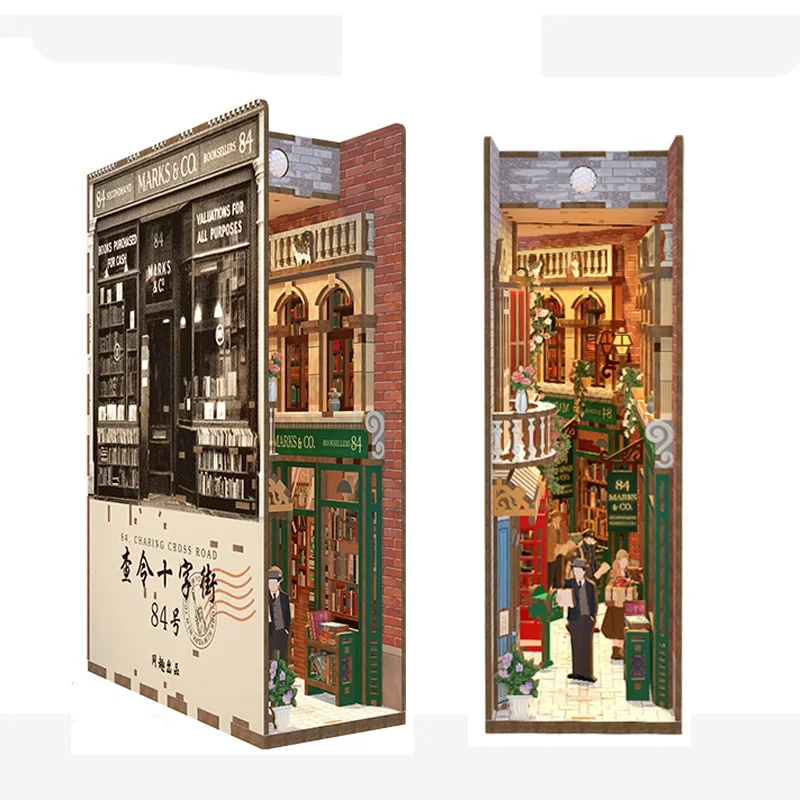 

DIY Book Nook Insert Kits Wooden Miniature Building Kit 84 Charing Cross Street Bookend with LED Light Bookshelf Home Decoration