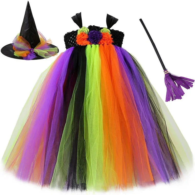 Vestido de tutú de bruja de Halloween para niñas, disfraz para fiesta de carnaval, ropa de cosplay, vestido de baile elegante de tul arcoíris para niños