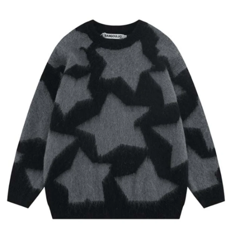 

Autumn Winter Men Plush Star Printing Sweater American Retro Fashion Loose Harajuku Comfortable Couple Round Neck vintage Knit