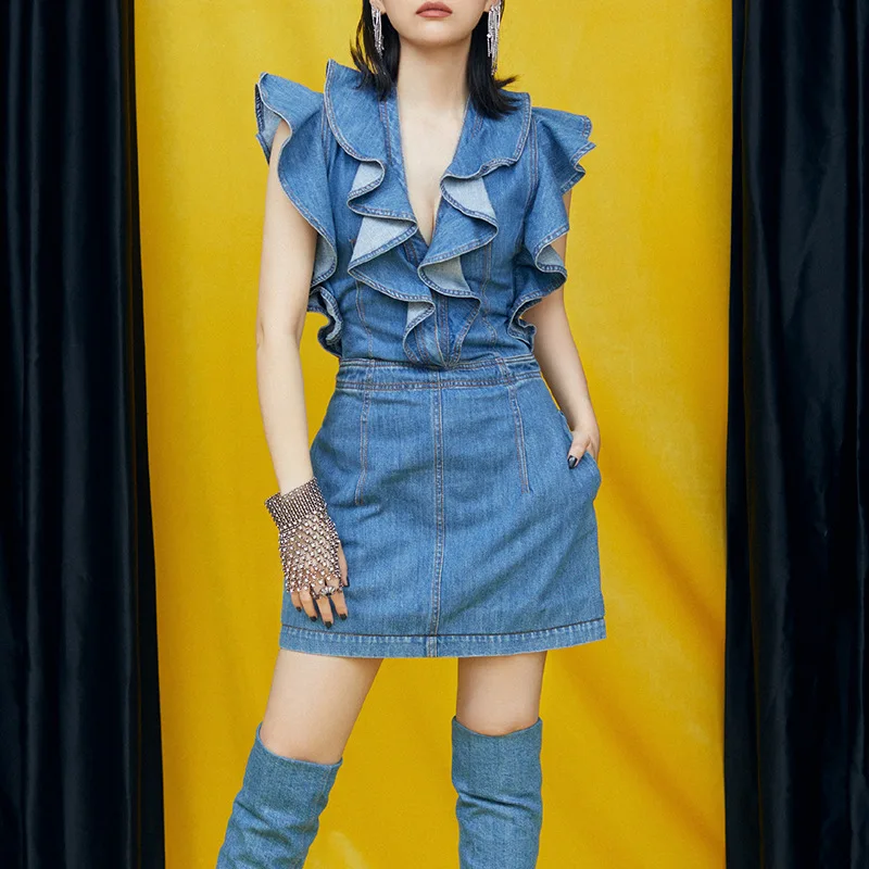 

Blue Color denim sleeveless V-neck Mini Dress Summer Good Quality Slim Fit skirt dress With Ruffles Clothing