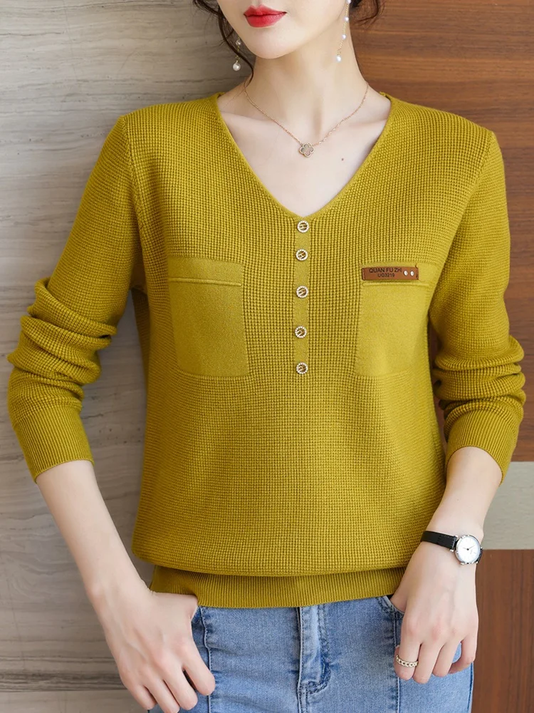 

Осень-зима 2023, декоративный карман TuangBiang, v-образный вырез, элегантный свободный свитер, корейские женские модные вязаные топы