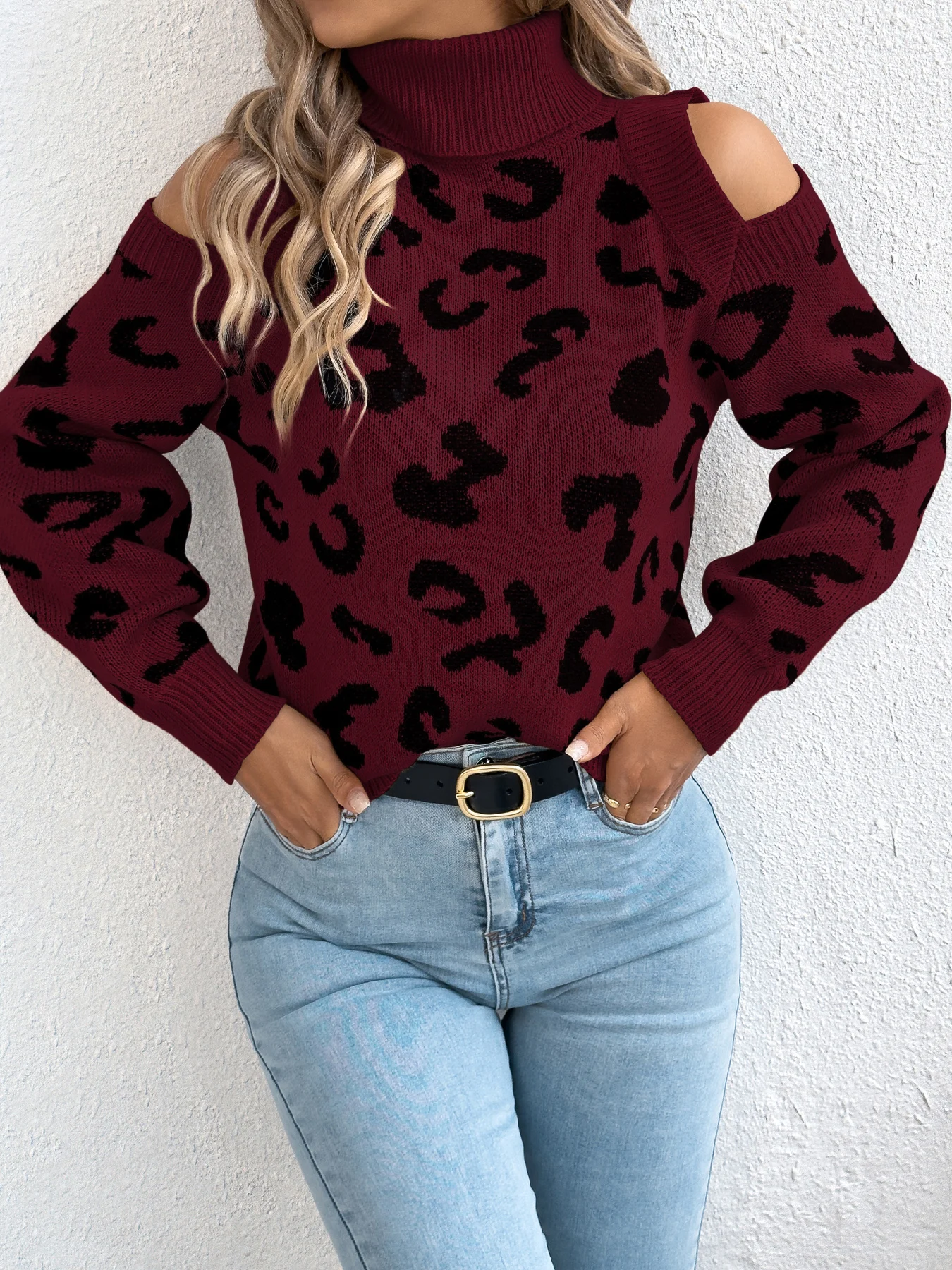 Women Off Shoulder Leopard Knitted Sweater