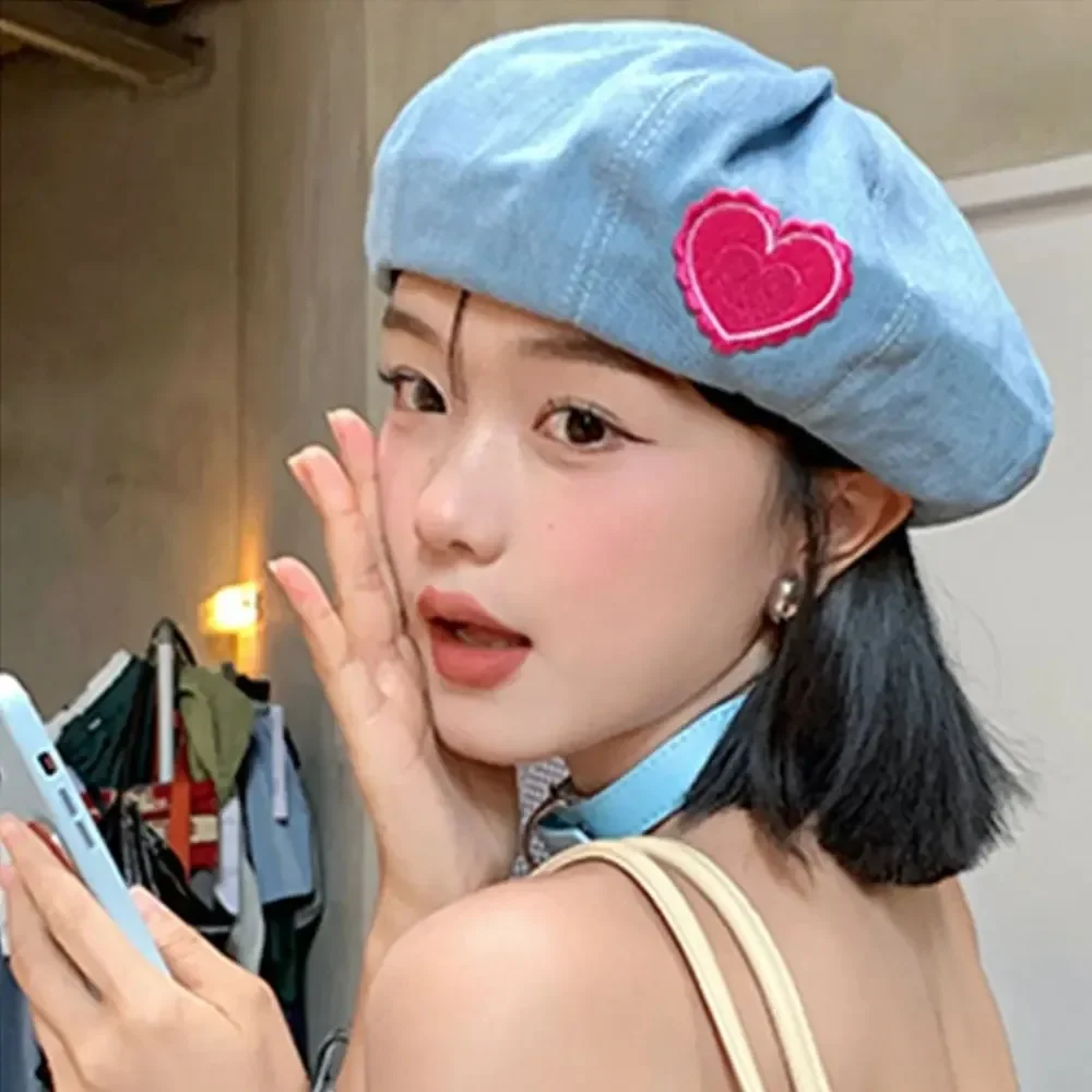 Pink Love Denim Beret Hats Women Spring Summer Shows Face Versatile Retro Painter Cap Japanese Berets Newsboy Caps Casual