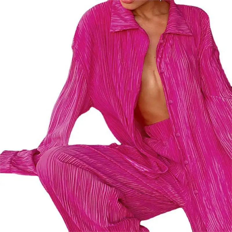 Set Women's 2 Piece Long Sleeve Button Shirt Pants Casual 2 Piece Set Women's Fitness Clothing Pleated Lounge Clothes Set