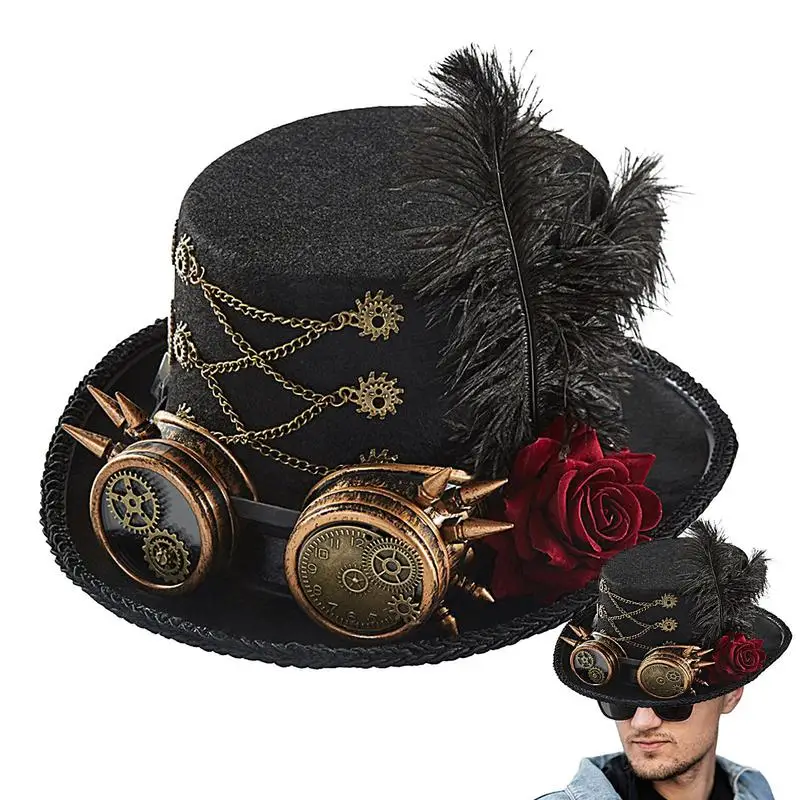 

Готический стимпанк Топ шляпы унисекс костюм головной убор с очками костюмы на Хэллоуин с металлической винтажной экипировкой для кино реквизит