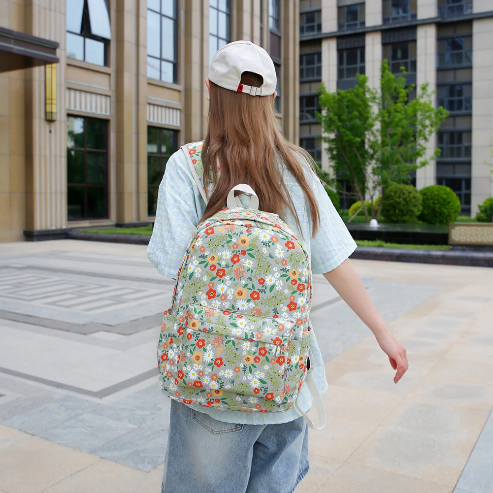 3Pcs Floral Backpack Set Teenagers Book Bag with Lunch Bag & Pen Case Simple Travel Backpack Large Capacity Travel Daypack