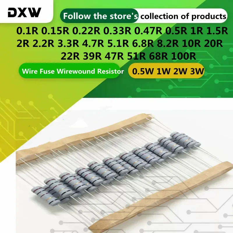 Wire Fuse Wirewound Resistor Fuse Resistance 0.5W 1W 2W 3W 0.1 0.15 0.22 0.33 0.47 0.5 1 1.5 2.2 3.3 4.7 5.1 10 20 47 68 100Ohm 100pcs 1 4w 5% wire fuse wirewound resistor 0 5r 2 2r 3 9r 4 7r 5 1r 10r winding resistance