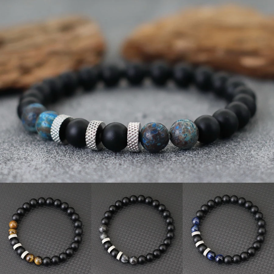 Mens Onyx Tiger Eyes Lava Rock Stone Beaded Bracelet
