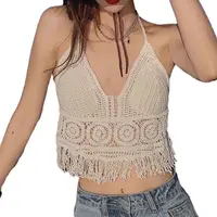 Femmes Crochet haut à licou été plage tricot réservoir court frange Boho à lacets dos nu Cami Blouse Festival vacances porter 3