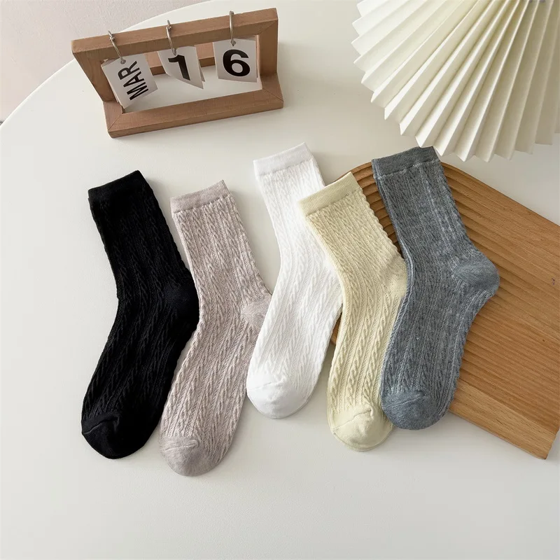 

INS New Chic Women Spring Summer Twist Retro Japanese Solid Color College Style Soft Hollow Cotton Socks Breathable Lolita