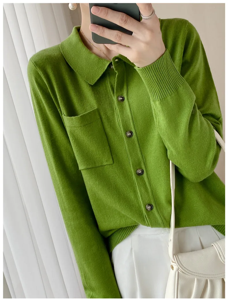 WinvyNee Women's Elegant Spring Knitted Cardigan Wool Polo Neck With Pockets Solid All-Match Casual Soft Tops Coats ZB1047006