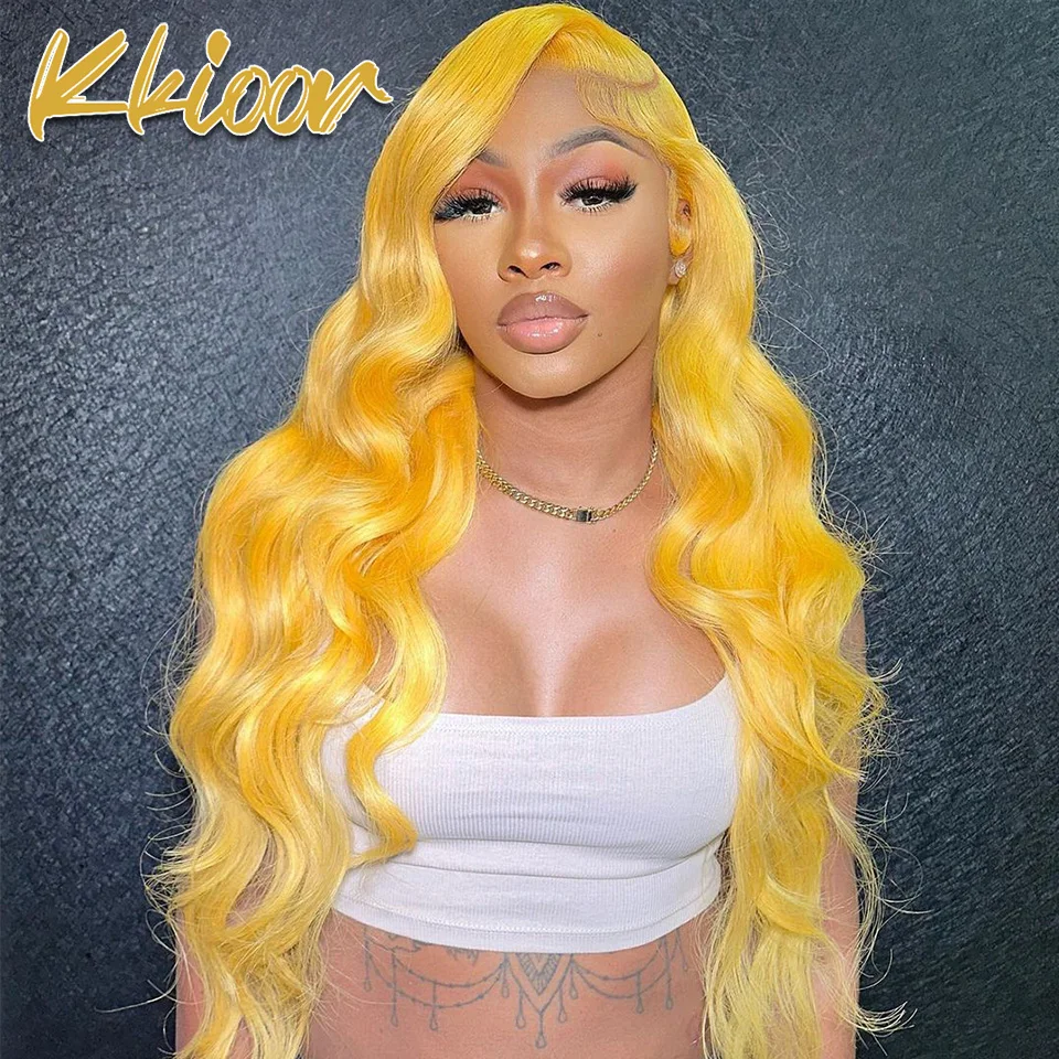 

Yellow 13x6 Transparent Lace Frontal Wig Body Wave Human Hair Straight Wigs Pre Plcuked 180% Density Brazilian Wigs For Women