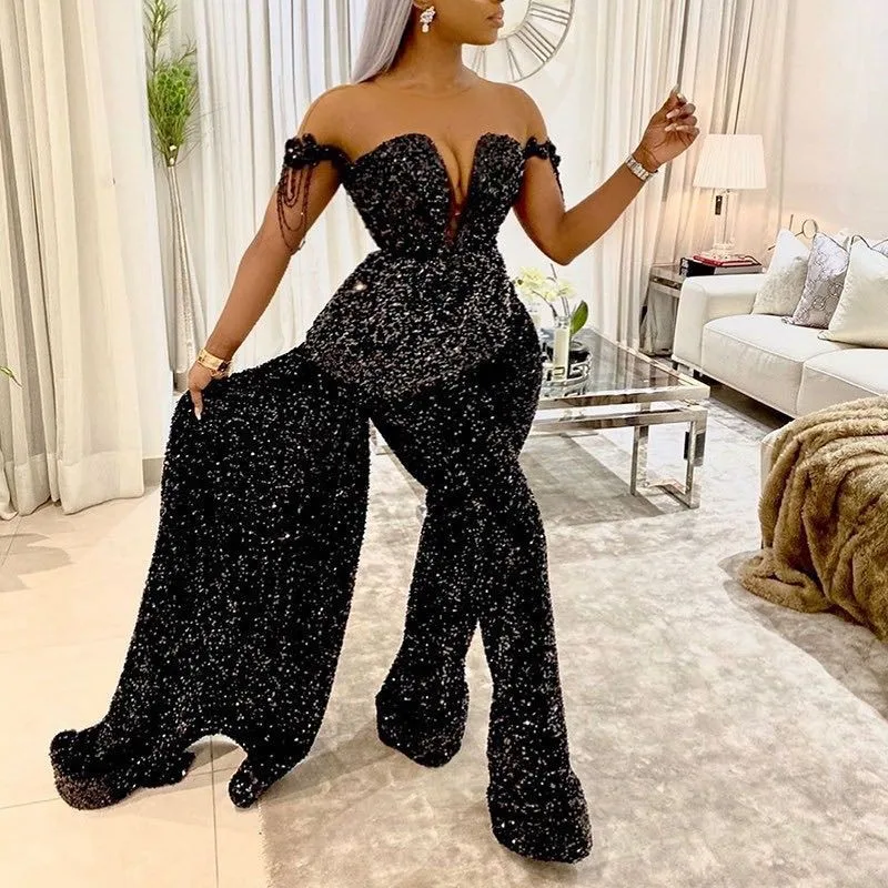 

2022 European and American simple V-neck black slim jumpsuit with off shoulders Casual Evening Dresses Women