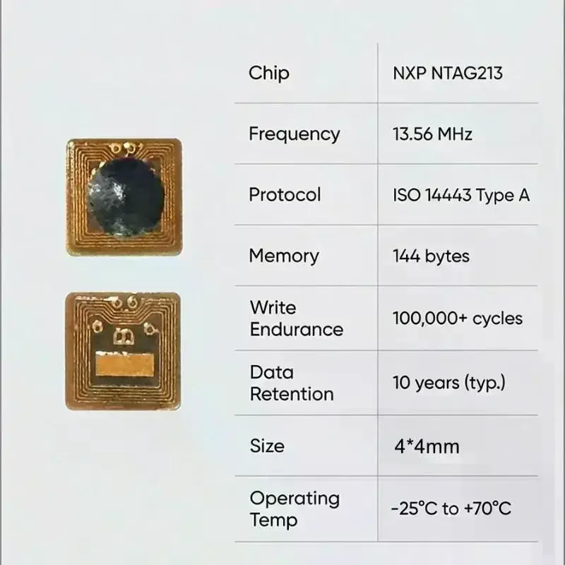 프로그래밍 가능한 4*4mm 마이크로 FPC NFC RFID 태그 스티커 Ntag213 1mm 판독 범위, 출입 통제 및 공급망 관리용