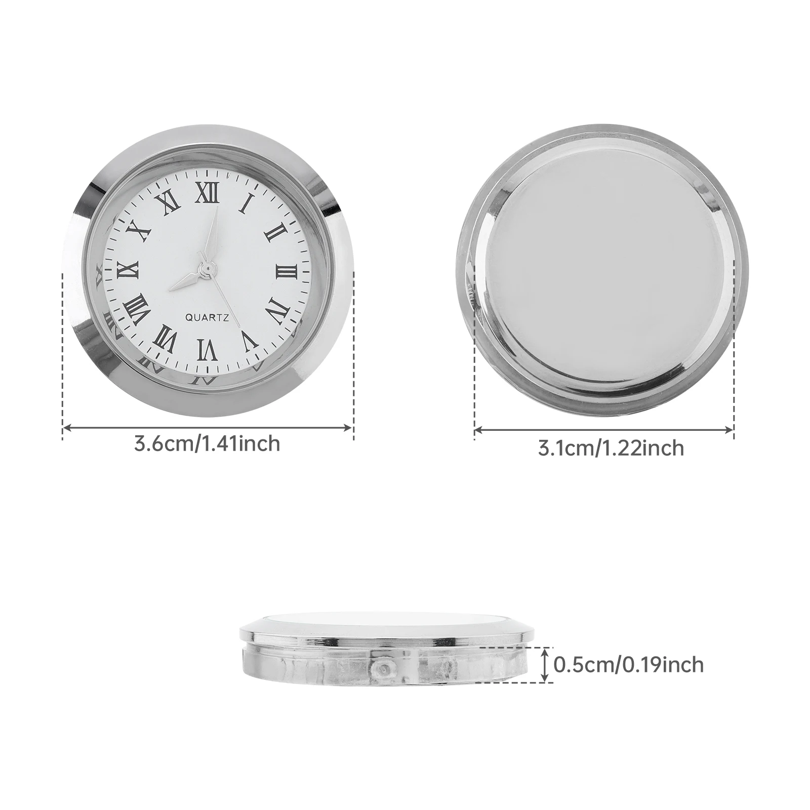 1-1/2 inch Quartz Movement Round Mini Clock Insert for for 35 mm Diameter Hole with White Face,Roman Numerals, Silver Tone Bezel 2