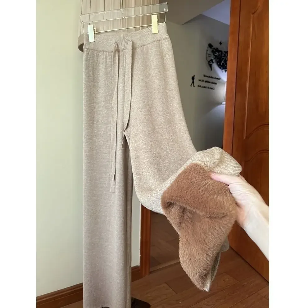 

Autumn Winter High Waist Thick Warm Knitted Wide Leg Pants Solid Color Loose Women New All-match Straight Z101