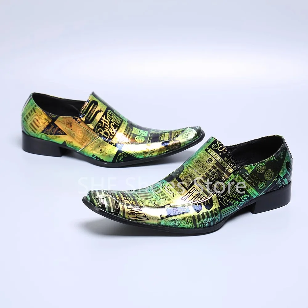 Mixed Color Print Shallow Slip-On Loafers for Men Irregular Pointed Toe Low Heel Oxfords Male Party Dress Genuine Leather Shoes