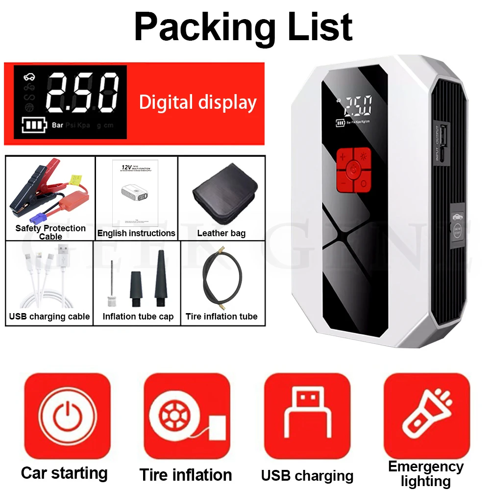 1200A Car Jump Starter Air Pump Portable Air Compressor Multi-function Tire Inflator Auto Battery Starter With Bag
