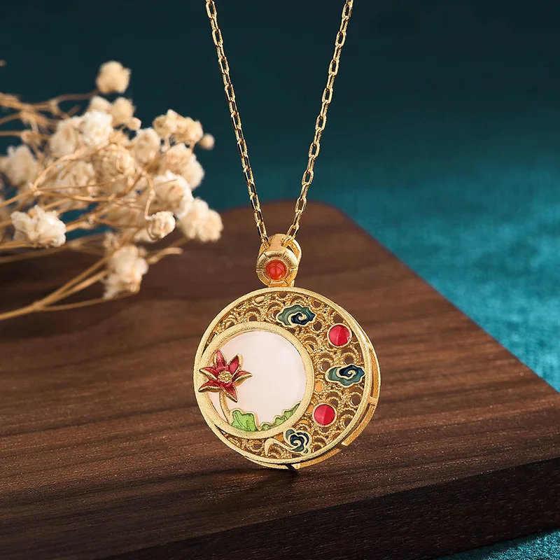 

Ancient Gilt Enamel Hollow Round Flower Cloud Pendant Necklace Hetian Jade China Style Collarbone Chain Necklaces Women 27MM