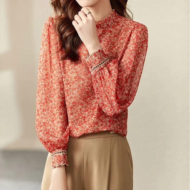 

Vintage Flowers Printed Long Sleeve Shirt Women's Clothing Stand Collar Spring Autumn Commute Patchwork Elegant Blouse D118