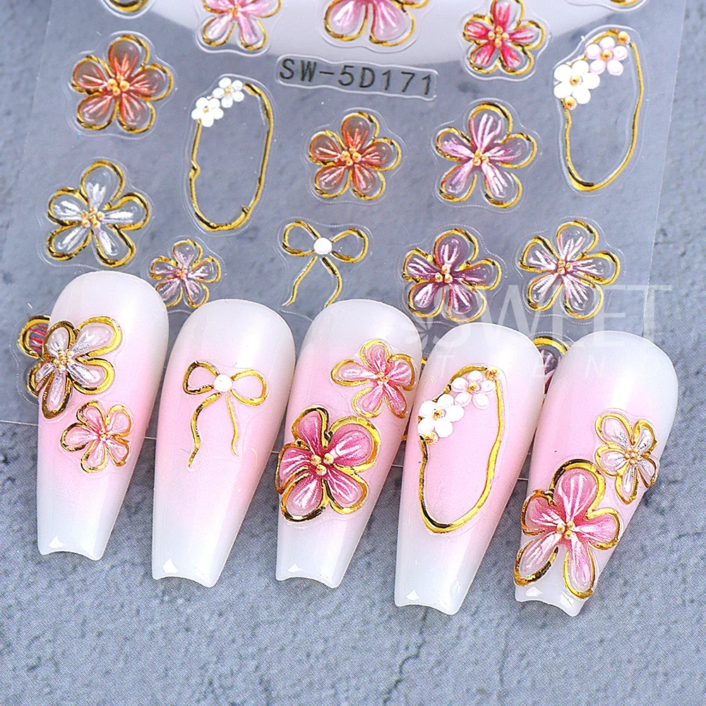 1/2pcs 5D Embossed Heart Flowers Line Nail Stickers Decal French Ribbon Bow Flame Adhesive Nail Art Slider Manicure Decorations